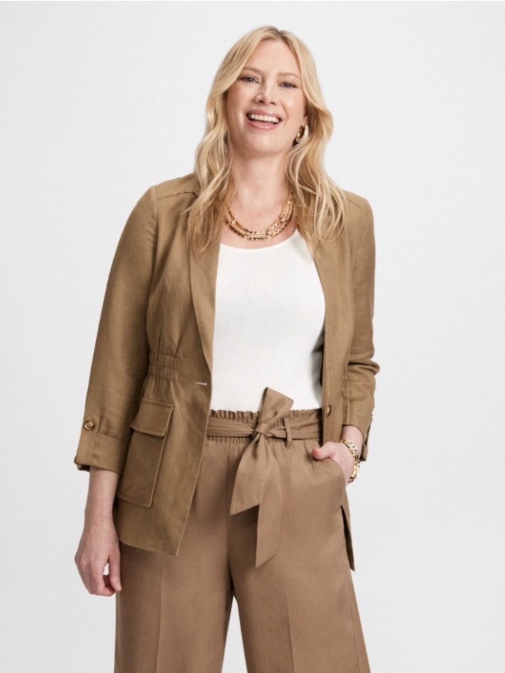 LAURA Tailored Utility Linen Blend Jacket in Khaki Brown
